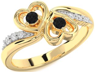 Black Diamond Gold Silver Heart Two Stone Ring