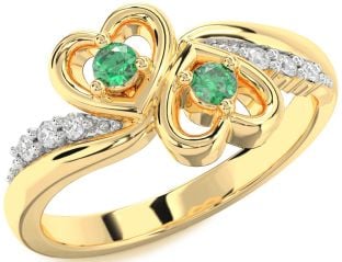 Diamond Emerald Gold Silver Heart Two Stone Birthstone Ring