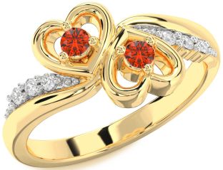 Diamond Fire Opal Gold Heart Two Stone Ring
