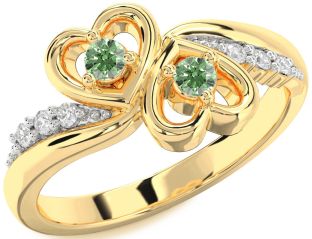 Green Diamond Gold Silver Heart Two Stone Ring