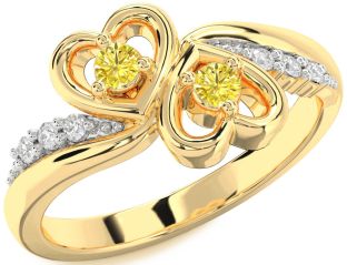 Yellow Diamond Gold Silver Heart Two Stone Ring