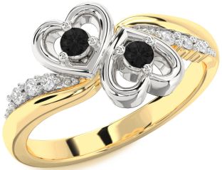 Black Diamond Gold Silver Heart Two Stone Ring