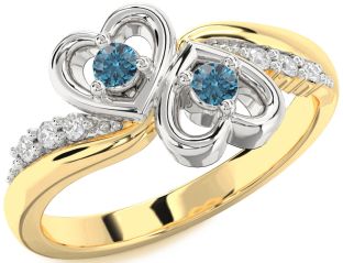 Blue Diamond Gold Silver Heart Two Stone Ring