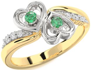 Diamond Emerald Gold Silver Heart Two Stone Birthstone Ring
