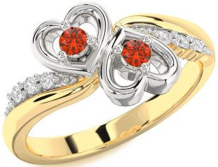 Diamond Fire Opal Gold Silver Heart Two Stone Ring