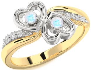 Diamond Moonstone Gold Silver Heart Two Stone Ring