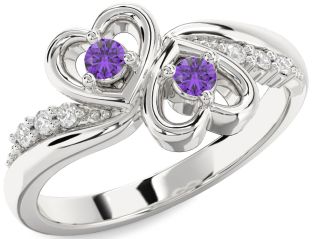Diamond Amethyst Silver Heart Two Stone Birthstone Ring