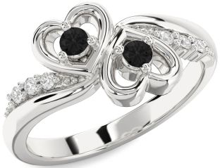 Black Diamond Silver Heart Two Stone Ring