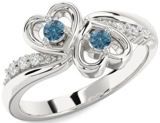 Blue Diamond Silver Heart Two Stone Ring