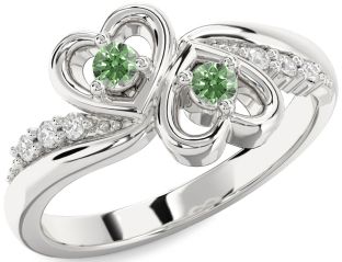 Green Diamond Silver Heart Two Stone Ring