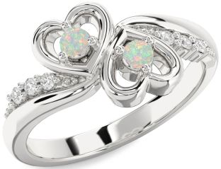 Diamond Opal Silver Heart Two Stone Birthstone Ring