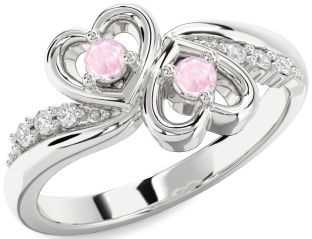 Diamond Rose Quartz Silver Heart Two Stone Ring