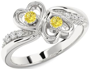 Yellow Diamond Silver Heart Two Stone Ring
