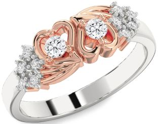 Diamond Silver & 10K Rose Gold Heart Round Two Stone Ring