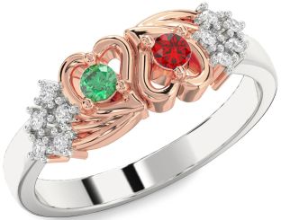 Diamond Silver & 10K Rose Gold Heart Two Stone Promise Ring