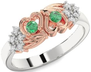 Diamond Emerald Platinum & Rose Gold Heart Two Stone Birthstone Ring