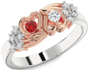 Diamond Emerald Platinum & Rose Gold Heart Two Stone Birthstone Ring