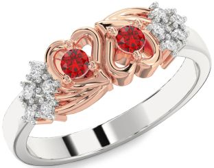 Diamond Emerald Platinum & Rose Gold Heart Two Stone Birthstone Ring