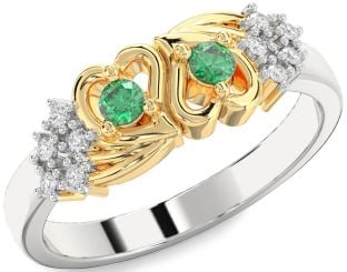 Diamond Emerald Platinum & Yellow Gold Heart Two Stone Birthstone Ring