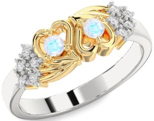 Diamond Moonstone Gold Silver Heart Two Stone Ring
