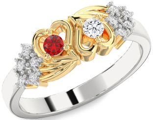 Diamond Emerald Platinum & Yellow Gold Heart Two Stone Birthstone Ring