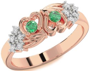 Diamond Emerald Rose Gold Heart Two Stone Birthstone Ring