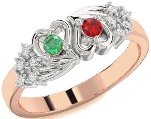 Diamond Rose Gold Silver Heart Two Stone Promise Ring
