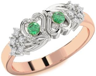 Diamond Emerald Platinum & Rose Gold Heart Two Stone Birthstone Ring