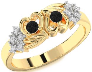 Black Diamond Gold Silver Heart Two Stone Ring