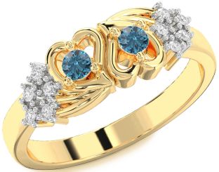 Blue Diamond Gold Silver Heart Two Stone Ring