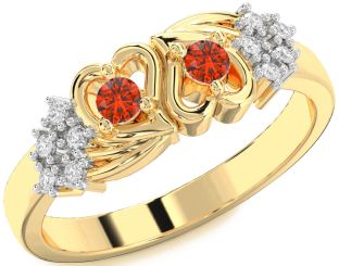 Diamond Fire Opal Gold Silver Heart Two Stone Ring