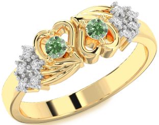 Green Diamond Gold Silver Heart Two Stone Ring