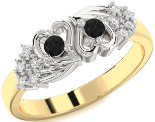 Black Diamond Gold Silver Heart Two Stone Ring
