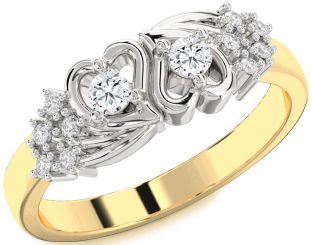 Diamond White Yellow Gold Heart Round Two Stone Ring