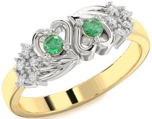 Diamond Emerald Platinum & Yellow Gold Heart Two Stone Birthstone Ring