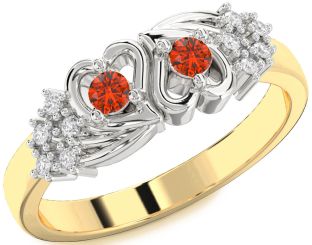 Diamond Fire Opal Gold Silver Heart Two Stone Ring