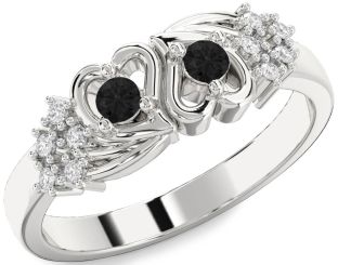 Black Diamond Silver Heart Two Stone Ring
