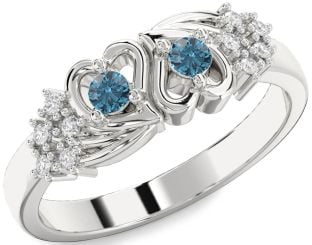 Blue Diamond Silver Heart Two Stone Ring