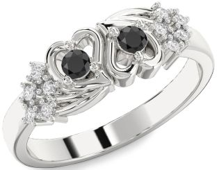 Diamond Black Onyx Silver Heart Two Stone Ring