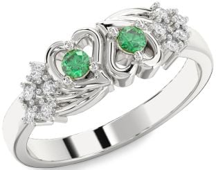Diamond Emerald Platinum Heart Two Stone Birthstone Ring