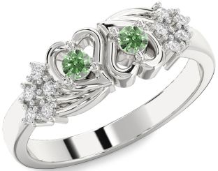 Green Diamond Silver Heart Two Stone Ring