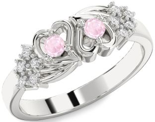 Diamond Rose Quartz Silver Heart Two Stone Ring