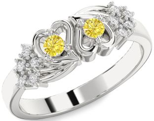 Yellow Diamond Silver Heart Two Stone Ring