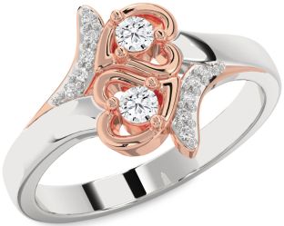 Diamond Silver & 10K Rose Gold Heart Round Two Stone Ring