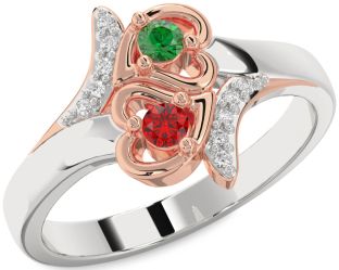 Diamond Emerald Platinum & Rose Gold Heart Two Stone Birthstone Ring