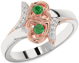 Diamond Emerald Platinum & Rose Gold Heart Two Stone Birthstone Ring