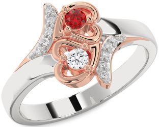 Diamond Emerald Platinum & Rose Gold Heart Two Stone Birthstone Ring