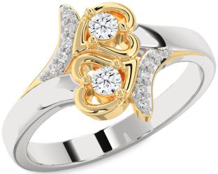 Diamond Silver & 10K gold Heart Round Two Stone Ring
