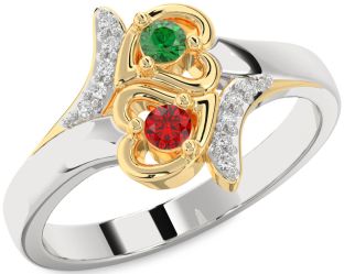 Diamond Emerald Platinum & Yellow Gold Heart Two Stone Birthstone Ring