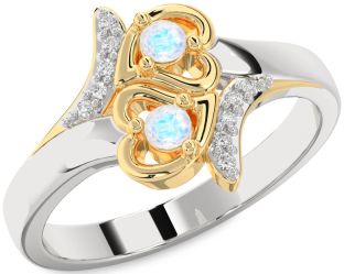 Diamond Moonstone Gold Silver Heart Two Stone Ring